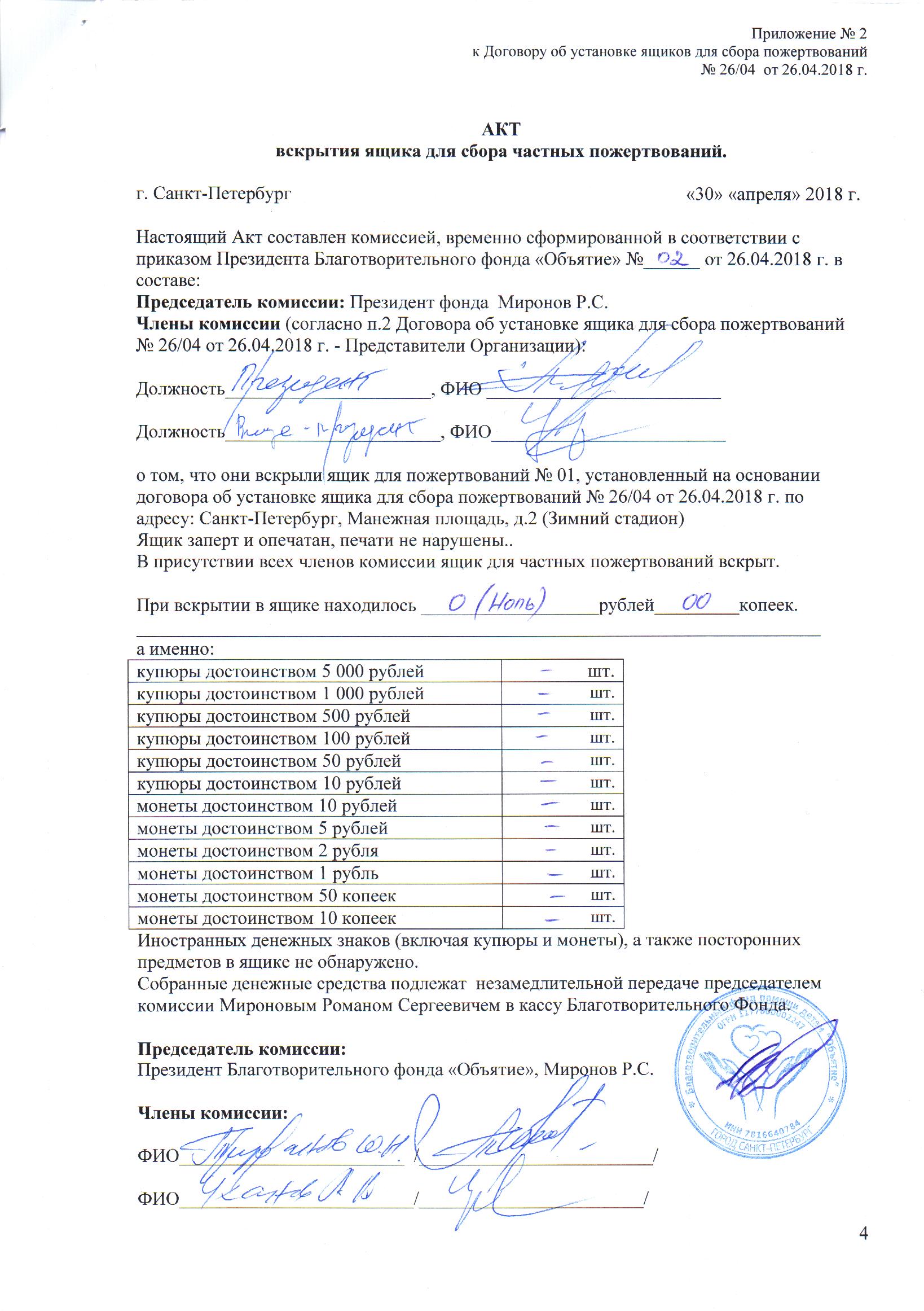 Договор на размещение ящика для сбора пожертвований образец